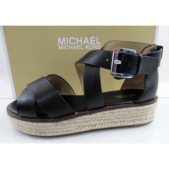 Michael Kors Darby Crisscross Platform Espadrille Sandals Black Leather Size 7 - Picture 2 of 8